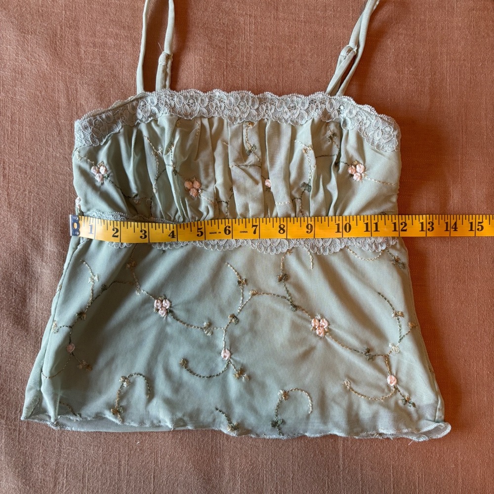 Thirty Thirty LA Sage Green Floral Embroidered Mesh Lace Trim Camisole Top XS - Picture 5 of 5